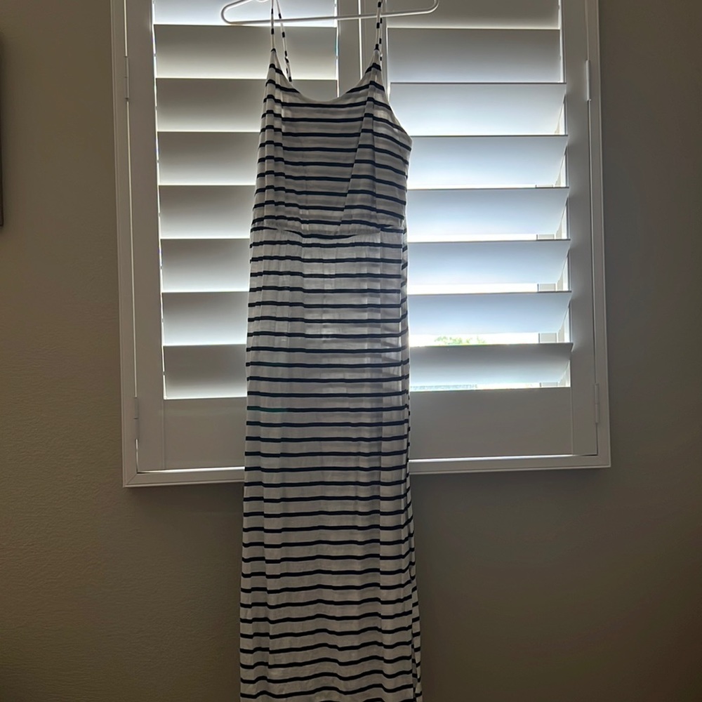 Blue and white striped spaghetti strap maxi dress